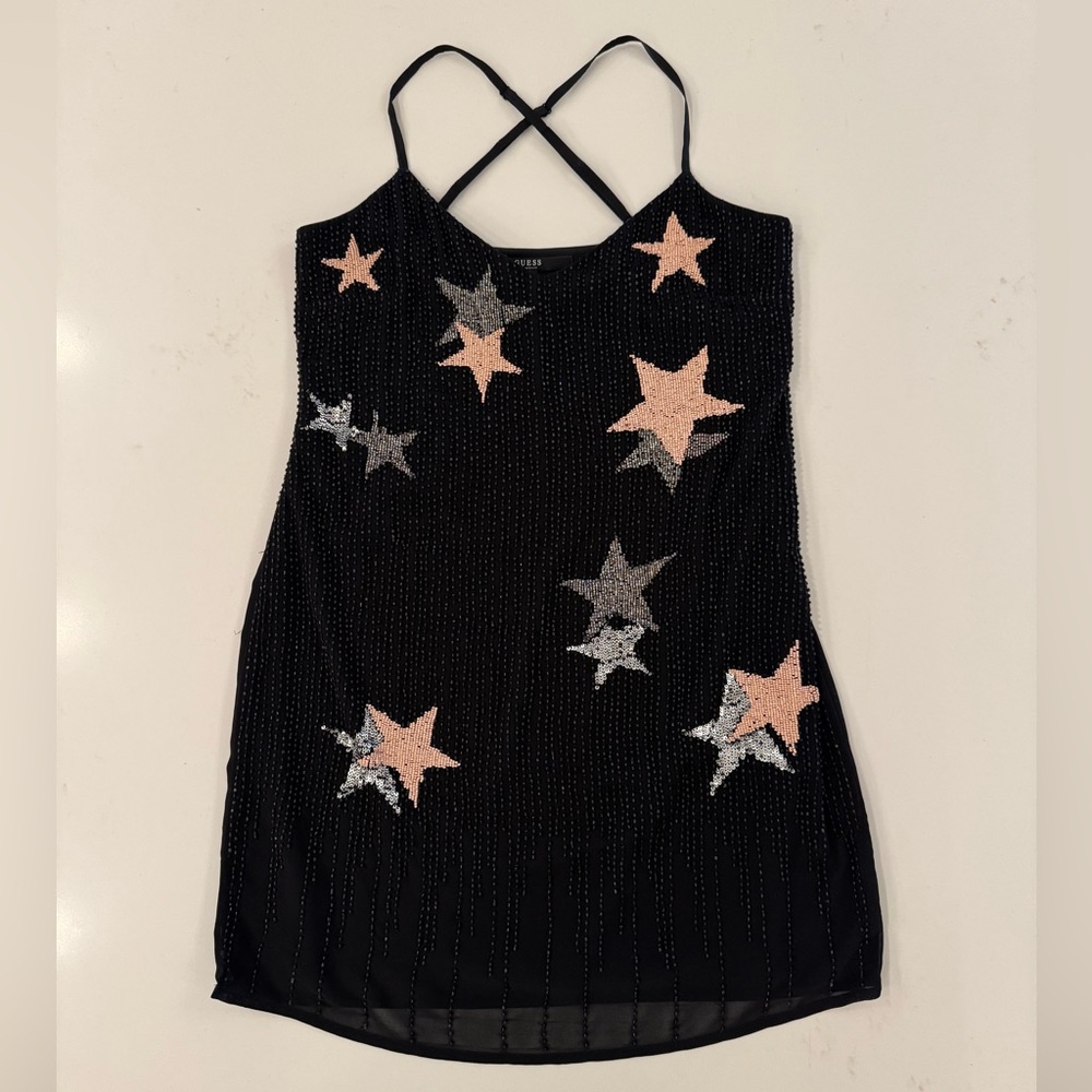 GUESS beaded chiffon 35” v neck cross back sequin star dress. Perfect for Eras.